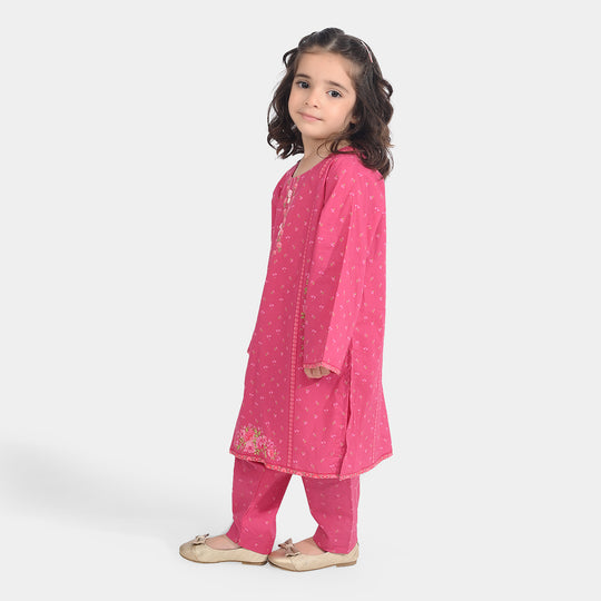 Girls Cotton Poplin Printed 2 Pcs Cross Stitch-Pink