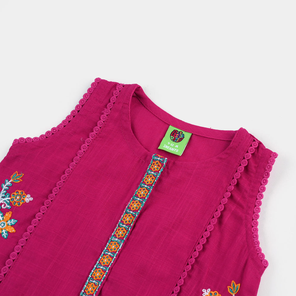 Infant Girls Cotton Slub Emb Kurti-Bright Pink