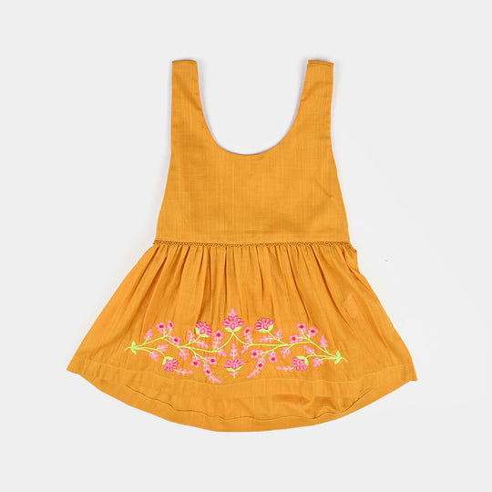 Infant Girls Cotton Slub Emb Kurti Little Popup-Mustard