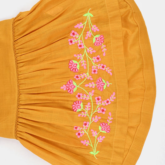 Infant Girls Cotton Slub Emb Kurti Little Popup-Mustard