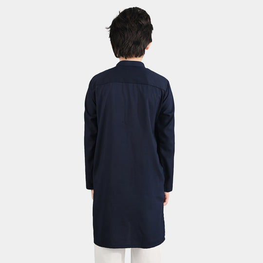 Boys Poly Viscose Printed Kurta (Zig Zag)-Navy Blue