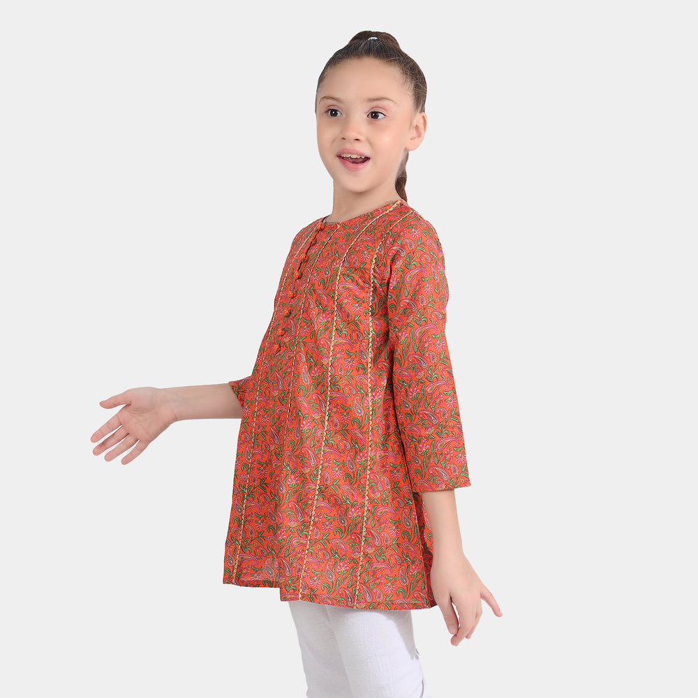 Girls Cotton Poplin Printed Kurti Paisley-ORANGE