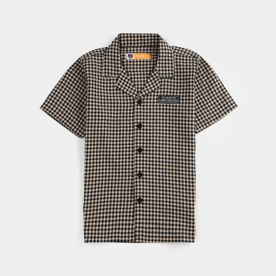 Boys Yarn Dyed Casual Shirt H/S (LATE FOR RUN)-Brown Check