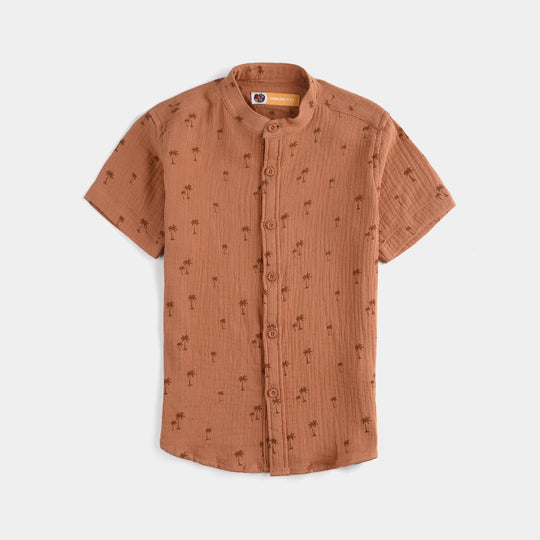 Boys Cotton Casual Shirt (Palm Tree)-BROWN