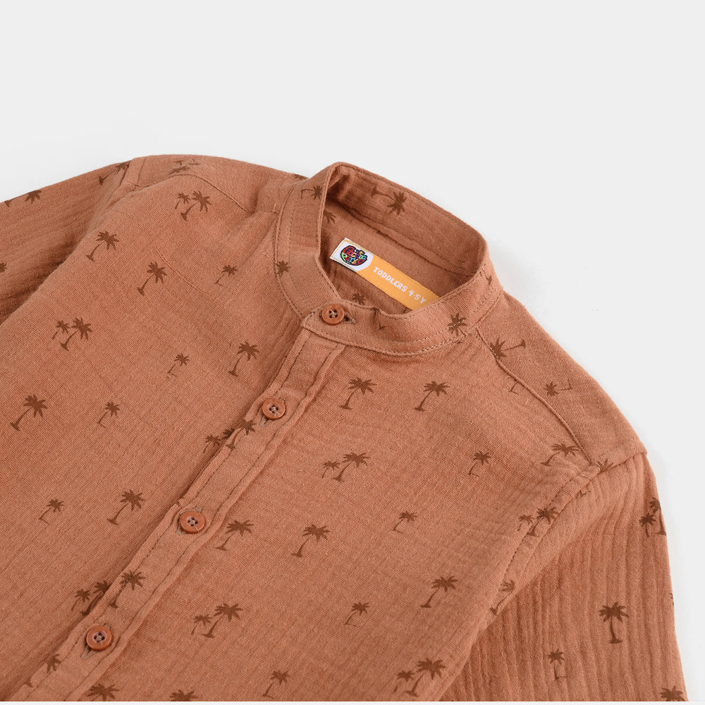 Boys Cotton Casual Shirt (Palm Tree)-BROWN