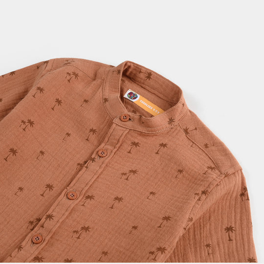 Boys Cotton Casual Shirt (Palm Tree)-BROWN