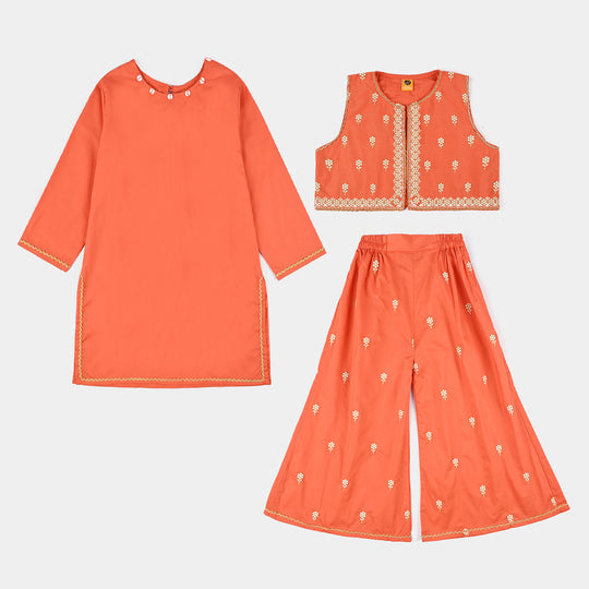 Girls Cotton Poplin Emb 3 Pcs Noir - ORANGE