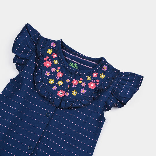 Infant Girls Jacquard Romper Emboss Flower-NAVY