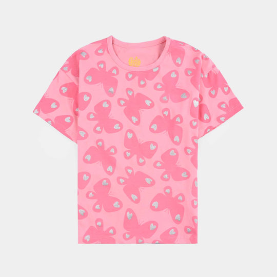 Girls Cotton Jersey T-Shirt Butterflies-Pink