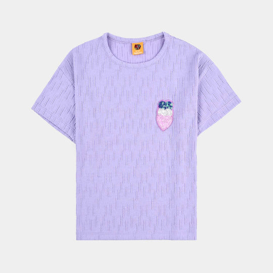 Girls Jacquard T-Shirt Hearts-Purple