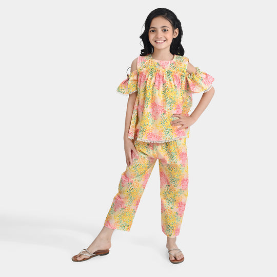 Girls Cotton Poplin Co-Ord Set Water Color-YELLOW