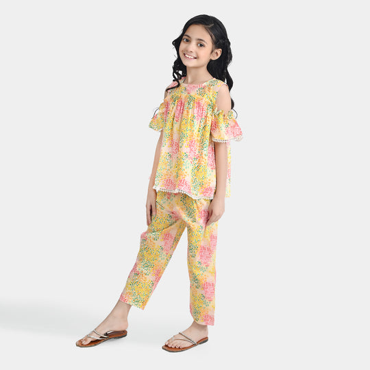Girls Cotton Poplin Co-Ord Set Water Color-YELLOW
