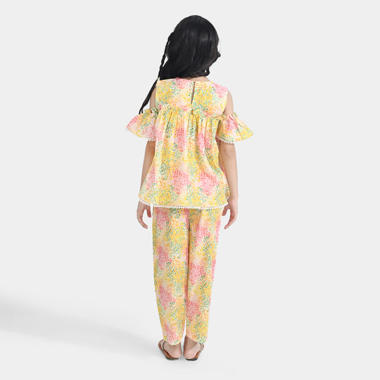 Girls Cotton Poplin Co-Ord Set Water Color-YELLOW