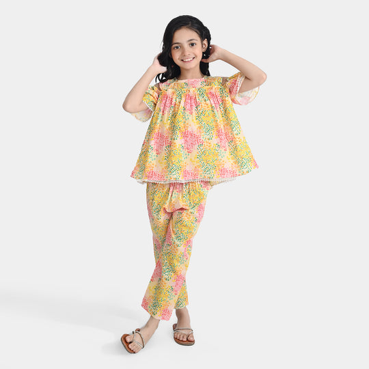 Girls Cotton Poplin Co-Ord Set Water Color-YELLOW