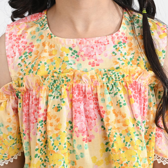 Girls Cotton Poplin Co-Ord Set Water Color-YELLOW