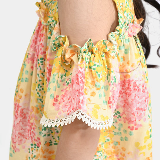 Girls Cotton Poplin Co-Ord Set Water Color-YELLOW