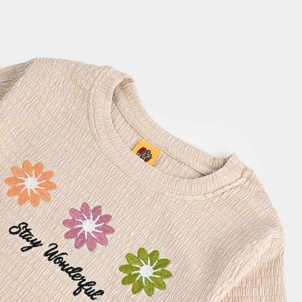 Girls Poly Crinkle T-Shirt Off White With Studs-KHAKI