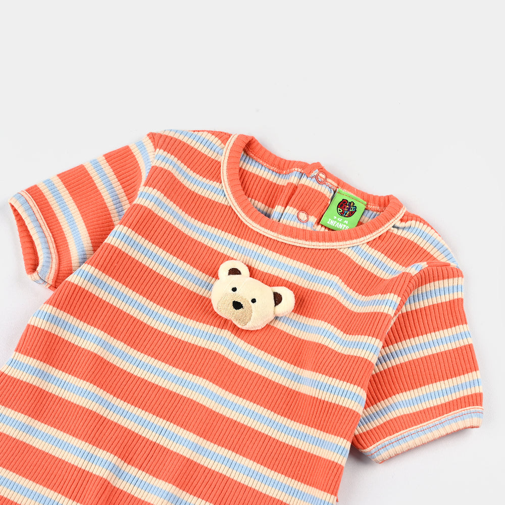 Infant Boys Rib Knitted Romper LITTLE DINO-Rust Strip