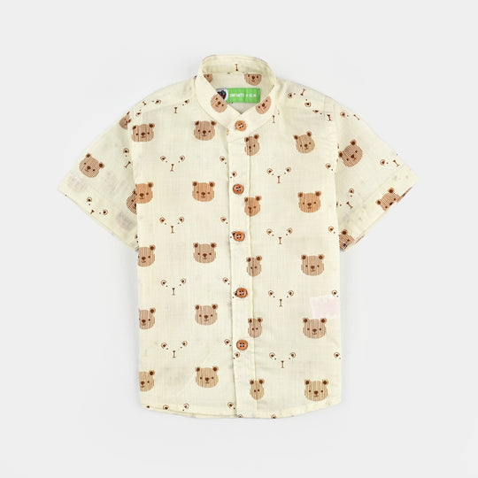 Infant Boys Cotton Slub Shirt (Cute Bear)-BEIGE
