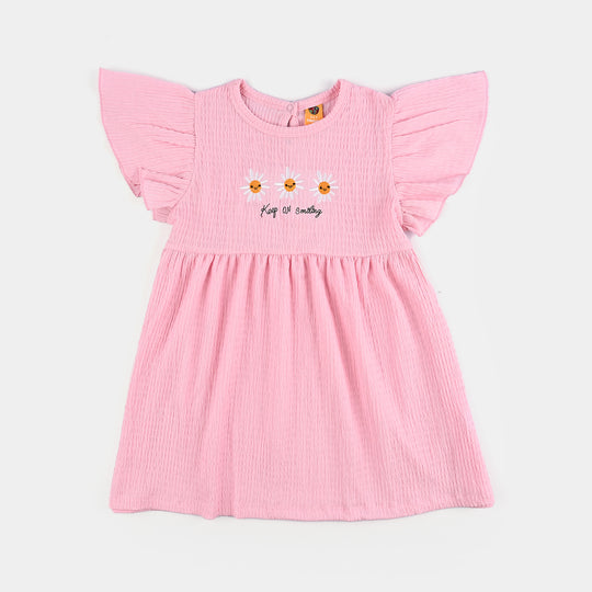 Girls Poly Crinkle Knitted Frock FLOWERS-Pink