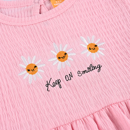 Girls Poly Crinkle Knitted Frock FLOWERS-Pink