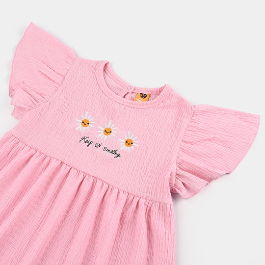 Girls Poly Crinkle Knitted Frock FLOWERS-Pink