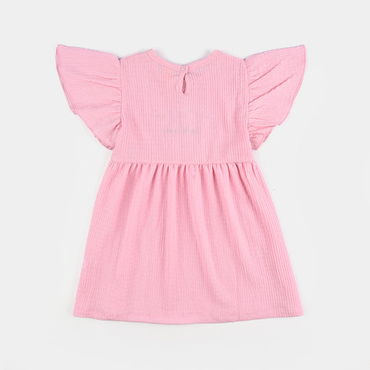Girls Poly Crinkle Knitted Frock FLOWERS-Pink