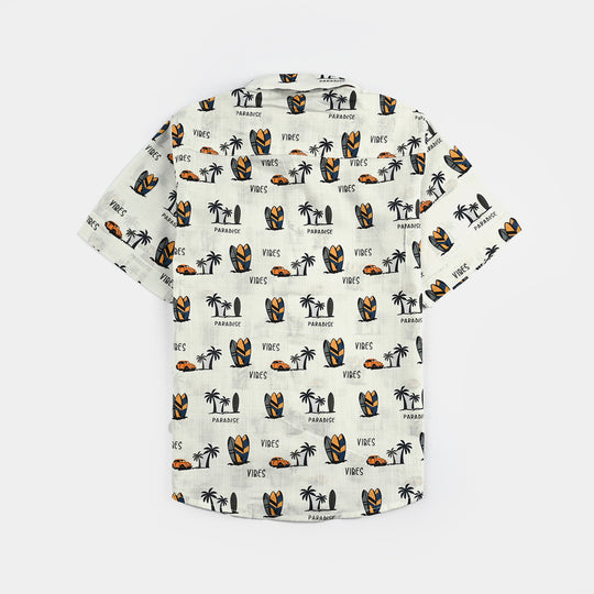 Boys Cotton Slub Shirt (Summer Vibes)-OFF-White