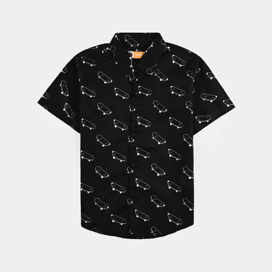 Boys Cotton Slub Printed Shirt-Skate-BLACK