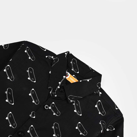 Boys Cotton Slub Printed Shirt-Skate-BLACK