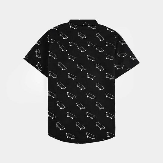 Boys Cotton Slub Printed Shirt-Skate-BLACK