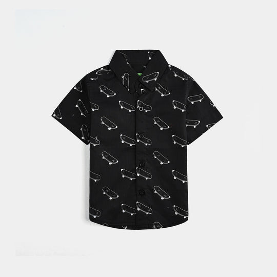 Infant Boys Cotton Slub Printed Shirt-Skate-BLACK