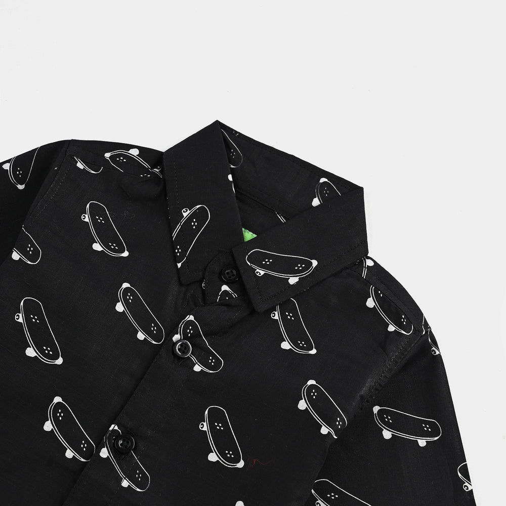 Infant Boys Cotton Slub Printed Shirt-Skate-BLACK