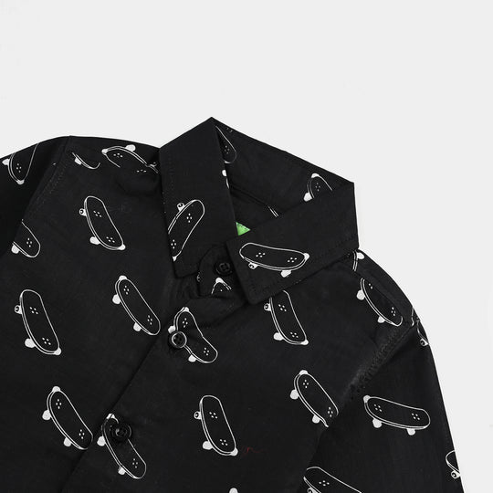 Infant Boys Cotton Slub Printed Shirt-Skate-BLACK
