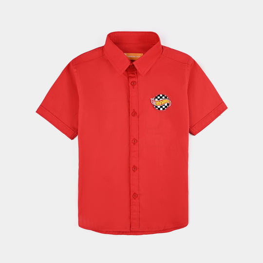 Boys Cotton Poplin Casual Shirt H/S (Hot Wheel)-Red