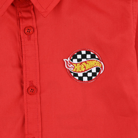 Boys Cotton Poplin Casual Shirt H/S (Hot Wheel)-Red