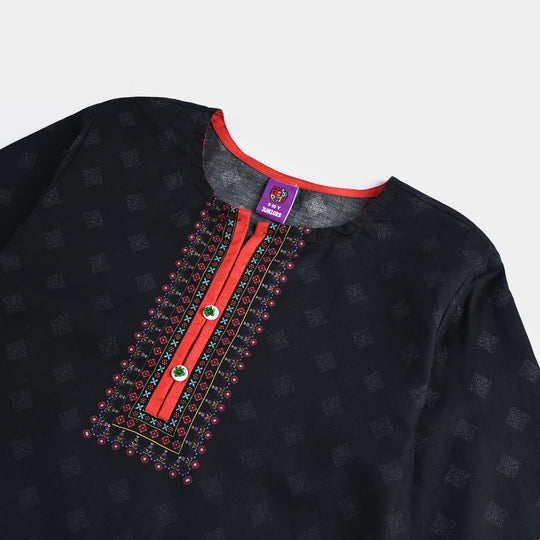 Girls Cotton Poplin Printed Kurti Garden-BLACK