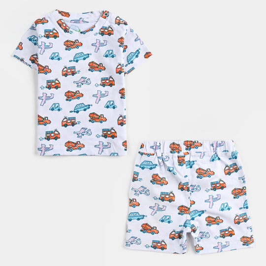 Infant Boys Lycra Jersey Night Suit Cars-White