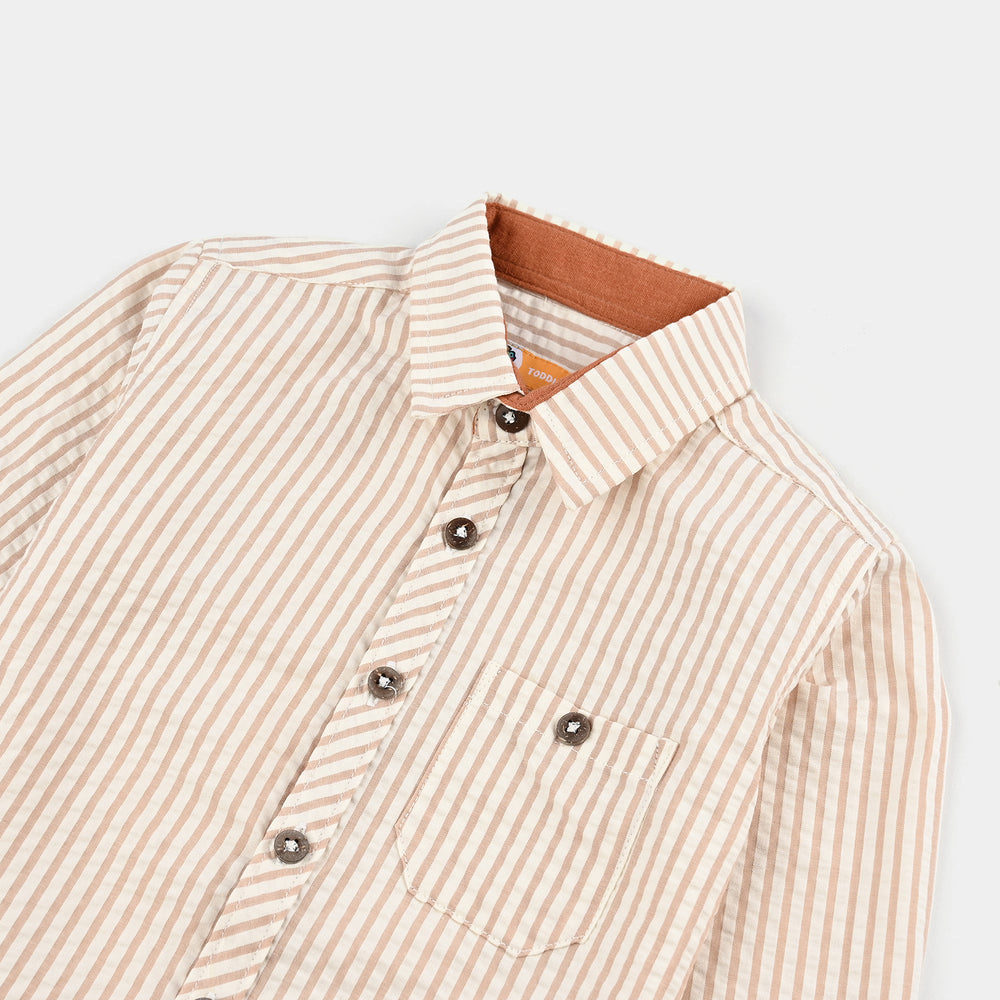 Boys Yarn Dyed Shirt F/S (Brown Drift) - Brown Stripe