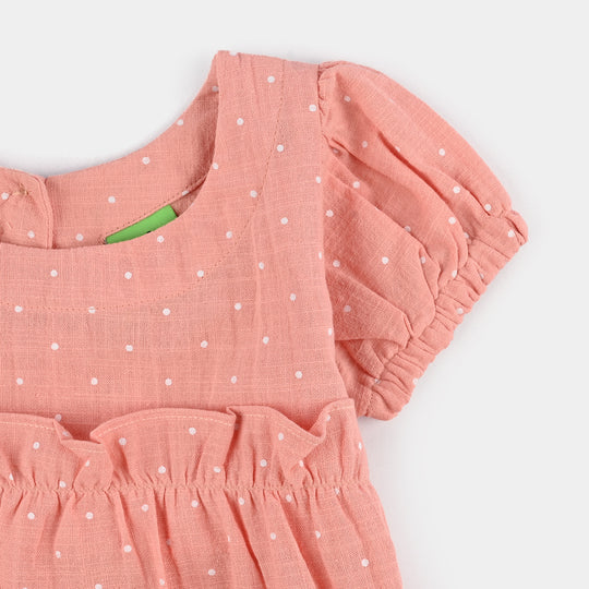 Infant Girls Cotton Casual Frock Polka Dot - Peach