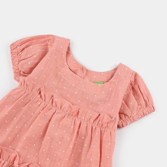 Infant Girls Cotton Casual Frock Polka Dot - Peach