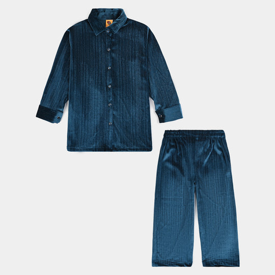 Girls Velvet Co-Ord Set Dusty Lines-Teal.Green