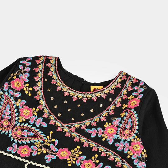 Girls Raw Silk Fancy 3Pcs Nazakat-BLACK