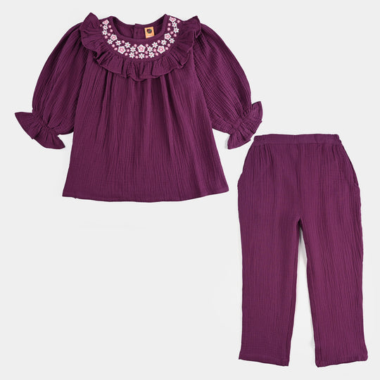 Girls Poly Crinkle Emb Co-Ord Set Plum - Purple