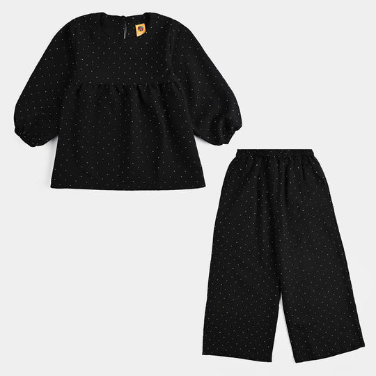 Girls Poly Crinkle CO-Ord Set Black Studs-BLACK