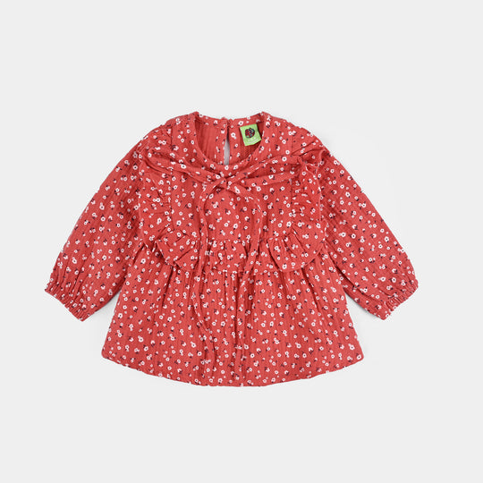Infant Girls Cotton Casual Frock White Flowers - RED