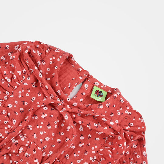 Infant Girls Cotton Casual Frock White Flowers - RED