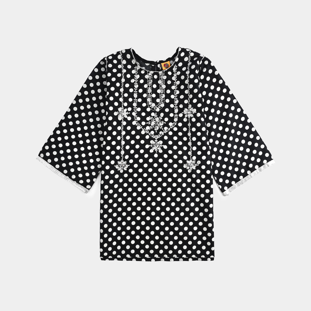 Girls Cotton Poplin Printed & Emb 2 Pcs Polka Dote - BLACK