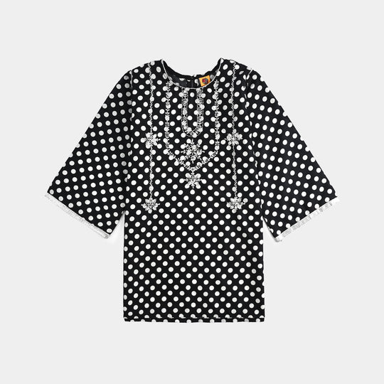 Girls Cotton Poplin Printed & Emb 2 Pcs Polka Dote - BLACK
