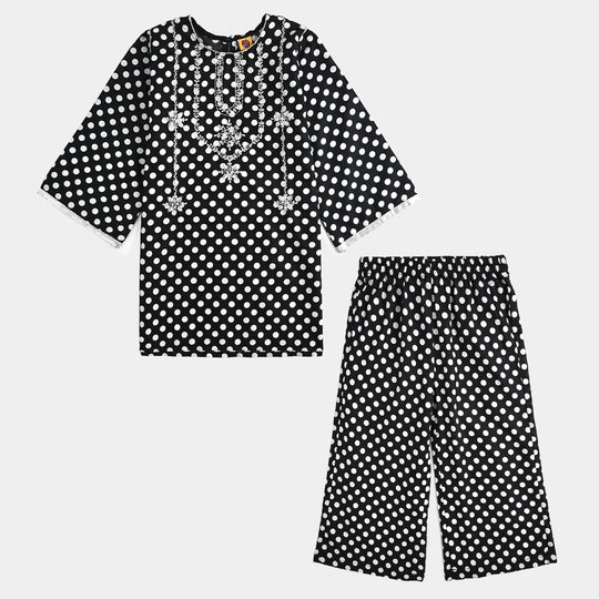 Girls Cotton Poplin Printed & Emb 2 Pcs Polka Dote - BLACK